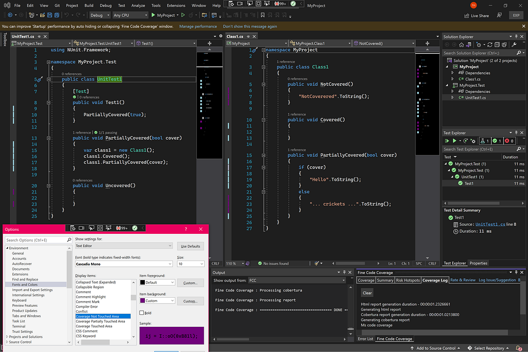 Code coverage visualization in Fine Code Coverage